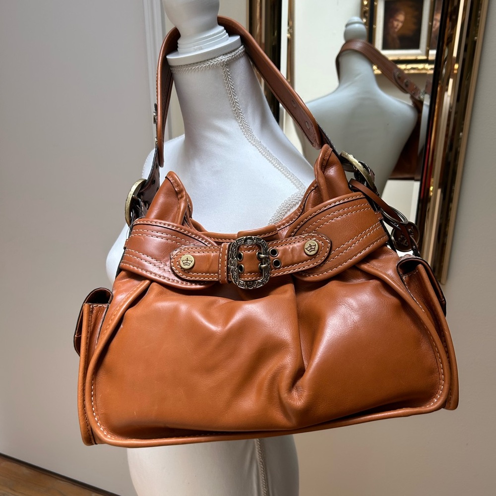 Gianni Bini Tan Shoulder Bag with Buckle Detail, two outside pockets with snap